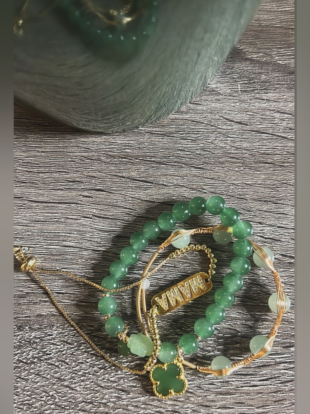 3PCS Set Gold and Green Aventurine Bead Bracelet with Clover Charm - Picture 4 of 7